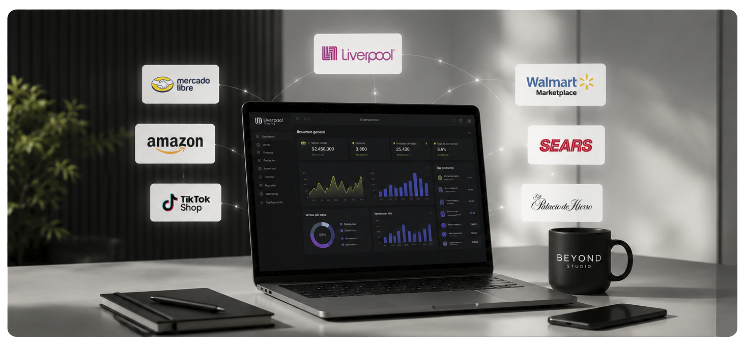 Escritorio de operación ecommerce con dashboard y marketplaces conectados